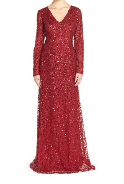 画像1: Adrianna Papell アドリアナパペル　Long Sleeve Beaded Evening Gown　レッド系 (1)