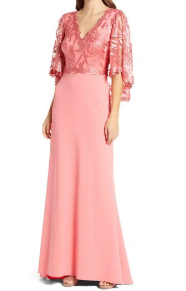 画像1: セール！Tadashi Shoji  タダシショージ  AZUMI Sequin Lace Capelet Gown   ピンク系 (1)