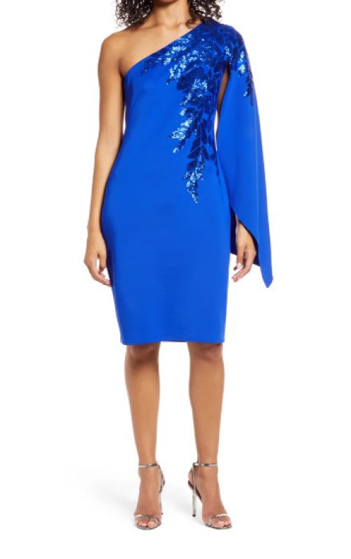 画像1: 期間限定セール！Tadashi Shoji タダシショージ  ケープワンショルダードレス　ブルー (1)