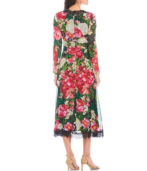画像2: セール!Tadashi Shoji タダシショージ  花柄シフォンミディドレス ブラック、ピンク系 (2)