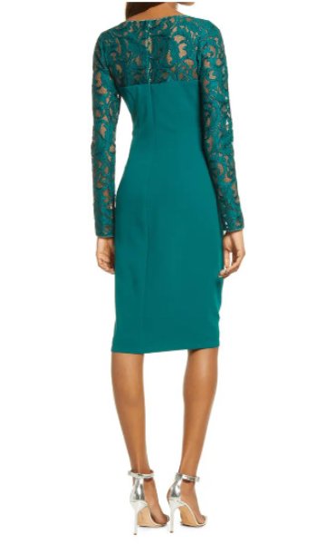 画像2: Tadashi Shoji  タダシショージ    Long Sleeve Lace & Crepe Cocktail Dress  グリーン系 (2)
