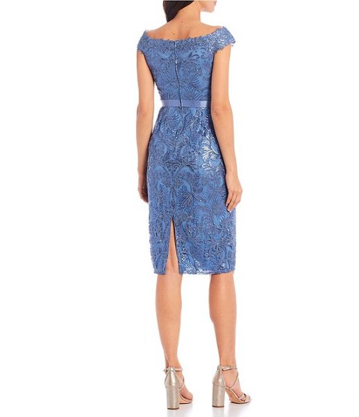 画像2: Tadashi Shoji タダシショージ   Sequin Lace Bateau Neck Cap Sleeve Midi Sheath Dress ブルー系 (2)