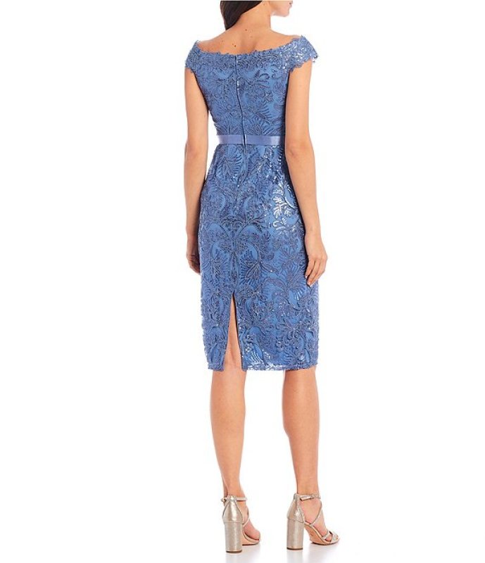 画像2: Tadashi Shoji タダシショージ  　Sequin Lace Bateau Neck Cap Sleeve Midi Sheath Dress ブルー系 (2)