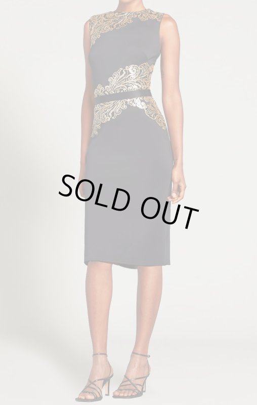画像1: 期間限定セール！Tadashi Shoji   タダシショージ  　ELANUR SEQUIN & CREPE BELTED PENCIL DRESS ブラック、ゴールド系 (1)