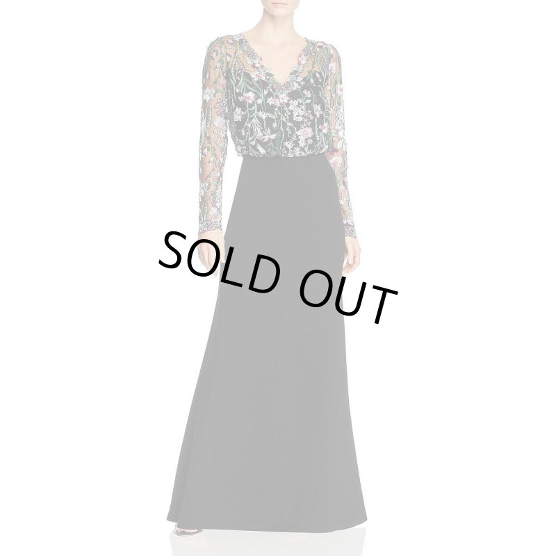 画像1: 再販売！Tadashi Shoji  タダシショージ　花柄刺繍トップロングドレス　 ブラック (1)