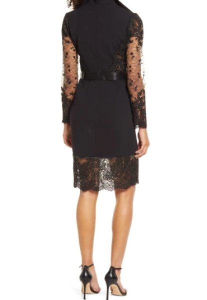 画像2: Tadashi Shoji   タダシショージ   Long Sleeve Crepe & Lace Cocktail Dress ブラック (2)