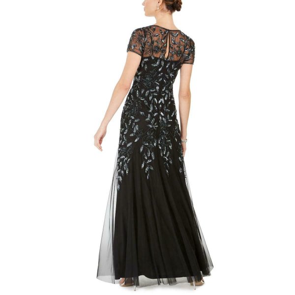 画像2: Adrianna Papell アドリアナパペル　Hand Beaded Short Sleeve Floral Godet Gown　ブラック (2)
