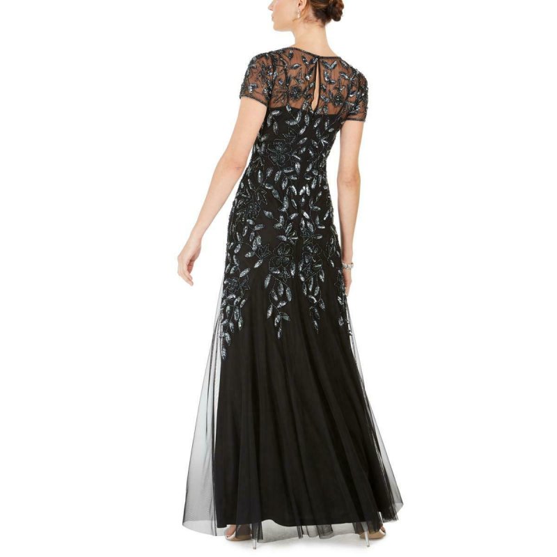 画像2: Adrianna Papell アドリアナパペル　Hand Beaded Short Sleeve Floral Godet Gown　ブラック (2)