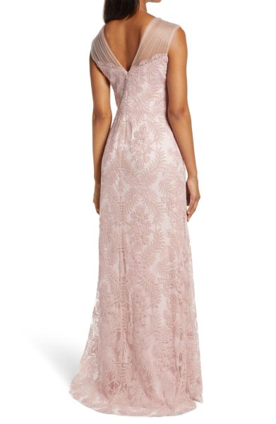 画像2: Tadashi Shoji タダシショージ   メッシュスリーブロングドレス ピンク系  (2)
