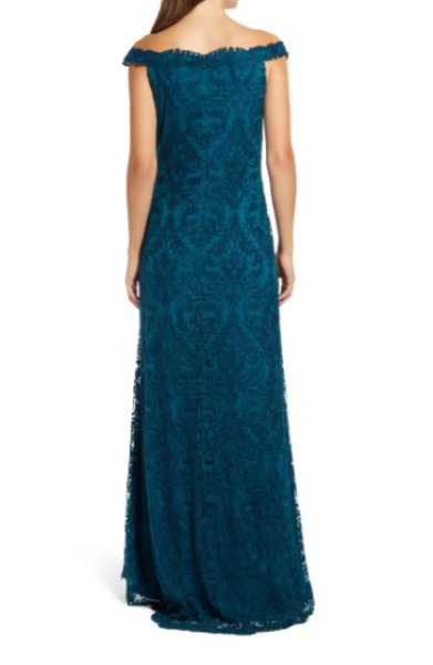 画像2: Tadashi Shoji タダシショージ   Off Shoulder Scallop Trim Lace Gown  ブルー、グリーン系  (2)