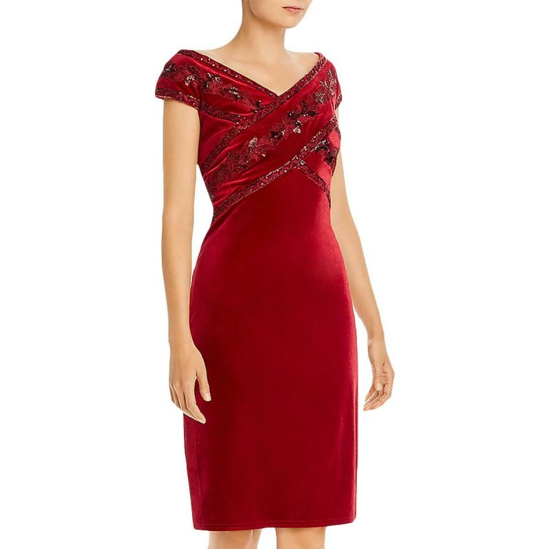 画像2: サイズ追加！Tadashi Shoji タダシショージ  スパンコール刺繍ベルベットドレス　レッド系  11071 (2)