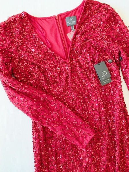 画像6: Adrianna Papell アドリアナパペル Long Sleeve Beaded Evening Gown レッド系 (6)