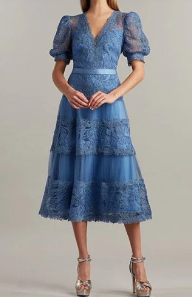 画像5: Tadashi Shoji タダシショージ  FATIHA  花柄レース&シフォンドレス ブルー系 (5)
