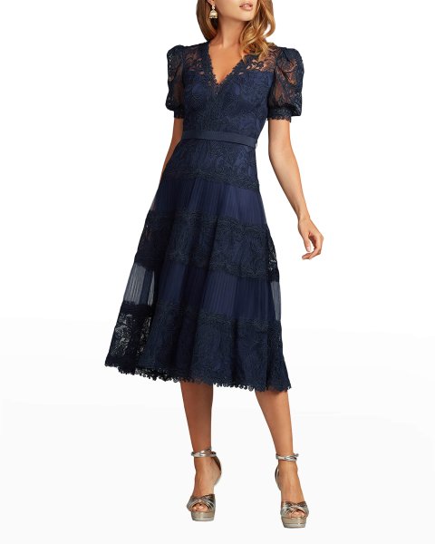 画像1: 再販売！Tadashi Shoji タダシショージ  FATIHA  花柄レース&シフォンドレス　ネイビー系 (1)