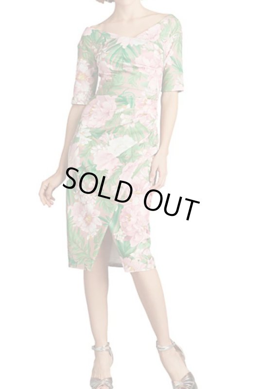 画像1: 【アンミカさん着用】Tadashi Shoji タダシショージ  Avil Floral Cocktail Dress　グリーン、ピンク系 (1)