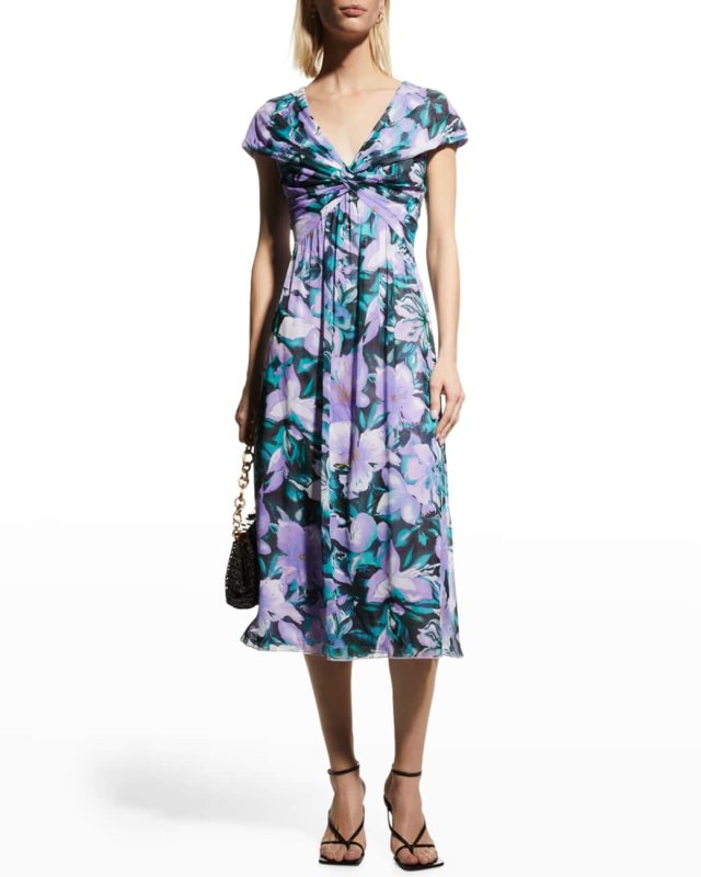 画像1: Tadashi Shoji タダシショージ  EDITH  花柄プリントドレス　ブルー、パープル系  42301 (1)