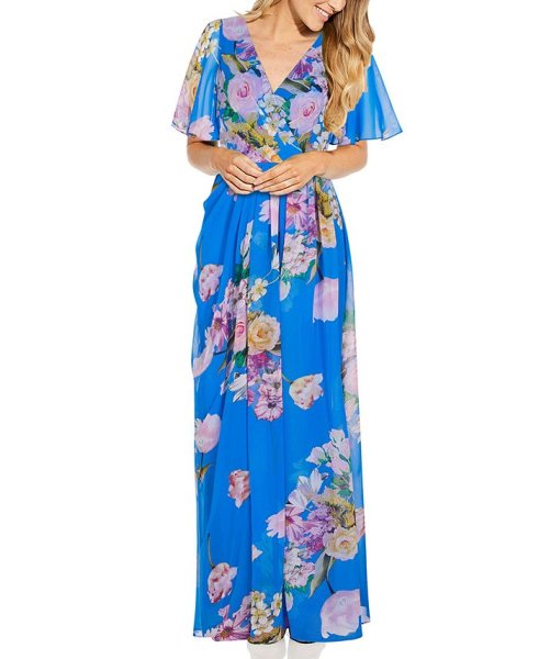 画像1: セール！Adrianna Papell アドリアナパペル  Floral Printed Chiffon Gown  オーシャン (1)