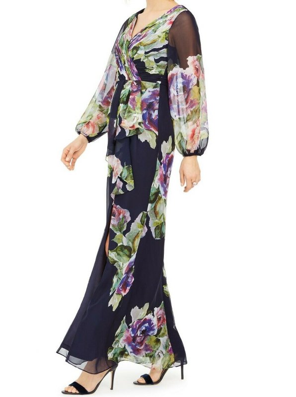 画像2: セール！Adrianna Papell アドリアナパペル  Long Sleeve Floral Print Chiffon Gown ネイビー (2)