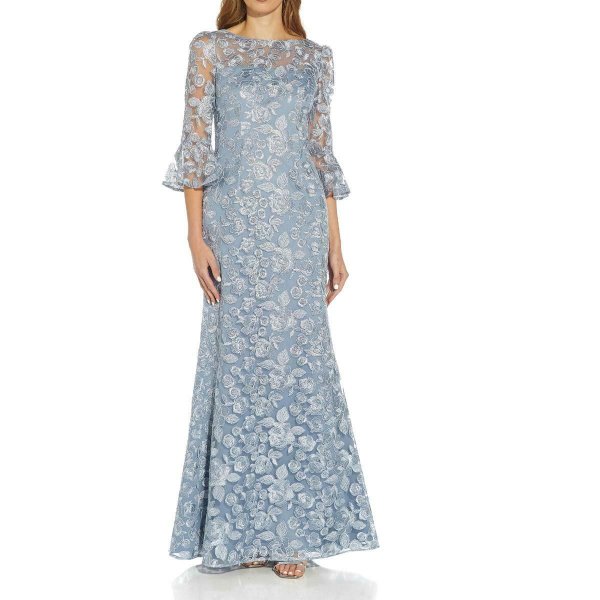 画像1: Adrianna Papell アドリアナパペル　花柄刺繍イブニングドレス　ブルー系 (1)