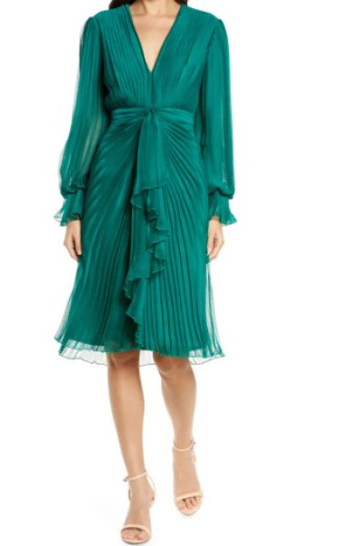 画像1: Tadashi Shoji タダシショージ   GORDON PLEATED CRINKLE CHIFFON DRESS  グリーン系 (1)