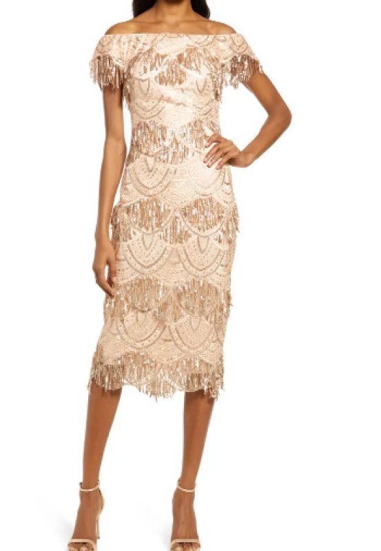 画像1: Tadashi Shoji タダシショージ    GAYNOR SEQUIN FRINGE MIDI DRESS　ピンク系  12145 (1)