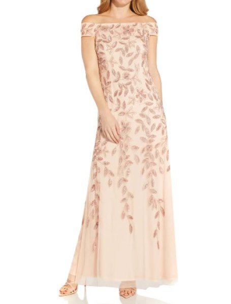 画像1: Adrianna Papell　アドリアナパペル　Off the Shoulder Beaded Vine Gown (1)