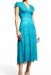 新品 TADASHI SHOJI タダシ ショージ フリンジ ミディー丈ドレス ホワイトピンク Vネックタイトミディアムドレス｜TADASHI SHOJI