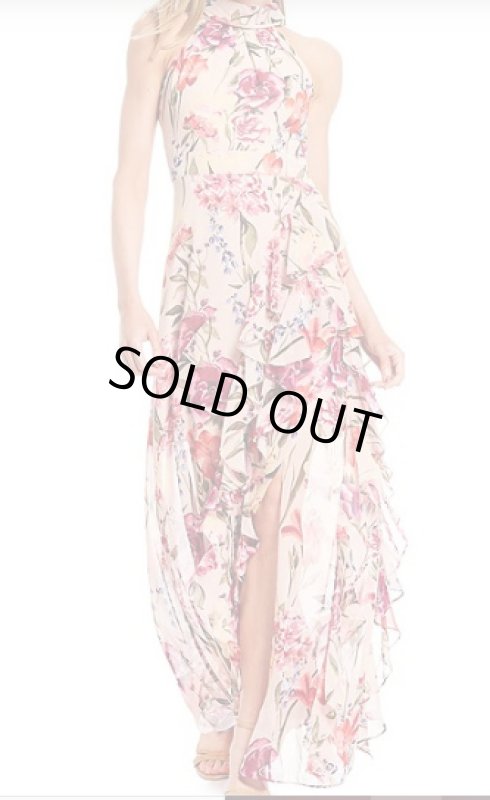 画像1: Eliza J  イライザジェイ　花柄ホルターキャスッケードラッフルマキシドレス　ピンク系 (1)