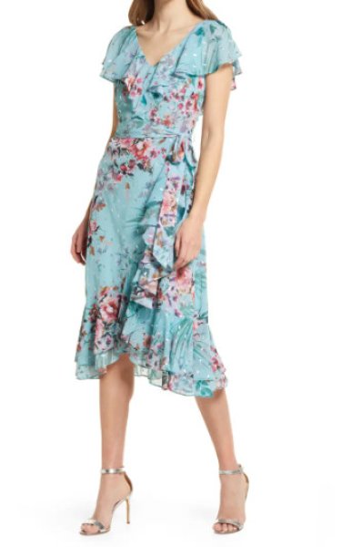画像1: Eliza J  イライザジェイ　Floral Print Metallic Clip Dot Chiffon dress  4207 (1)