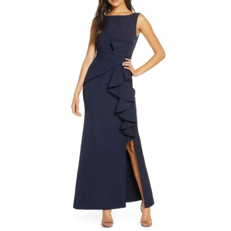 画像1: Eliza J   イライザジェイ　キャスケードラッフルイブニングドレス　ネイビー  4901 (1)
