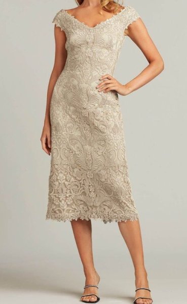 画像1: セール！Tadashi Shoji タダシショージ   　Rodin midi Dress ベージュ系 (1)