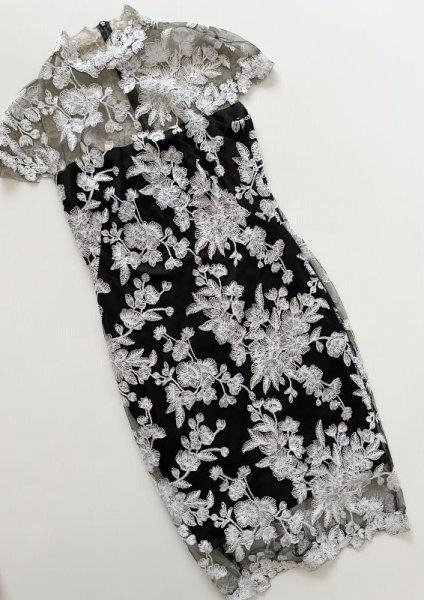 画像5: Tadashi Shoji タダシショージ Lace Applique Cap-Sleeve Cocktail Dress ブラック、ホワイト (5)