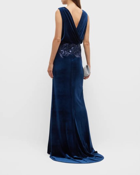 画像2: セール!Tadashi Shoji タダシショージ  DUNSTAN BACK DRAPE VELVET GOWN  ネイビー  11109 (2)