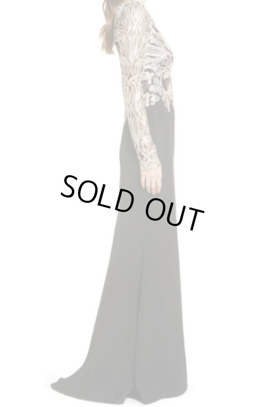 画像2: Tadashi Shoji タダシショージ  スパンコールトップロングスリーブドレス　ブラック、ゴールド系 (2)