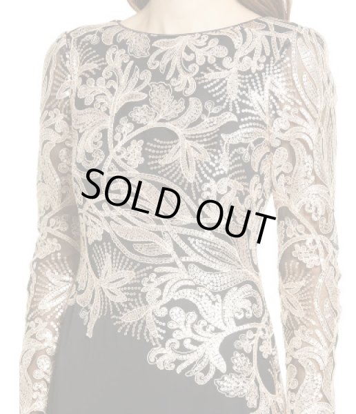 画像4: Tadashi Shoji タダシショージ  スパンコールトップロングスリーブドレス ブラック、ゴールド系 (4)