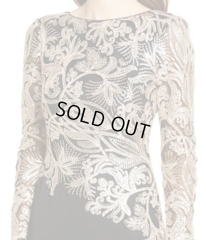 画像4: Tadashi Shoji タダシショージ  スパンコールトップロングスリーブドレス　ブラック、ゴールド系 (4)