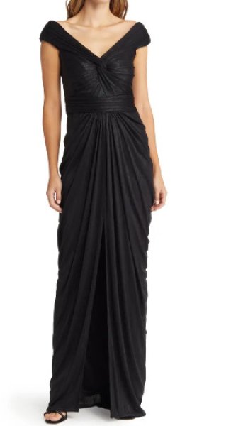 画像1: 期間限定セール！Tadashi Shoji タダシショージ  ELLERY DRAPED METALLIC JERSEY GOWN　ブラック  41713 (1)