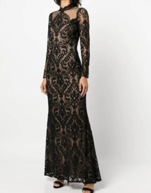 画像1: 再販売セール！Tadashi Shoji タダシショージ  applique detail  long sleeve gown 　ブラック (1)