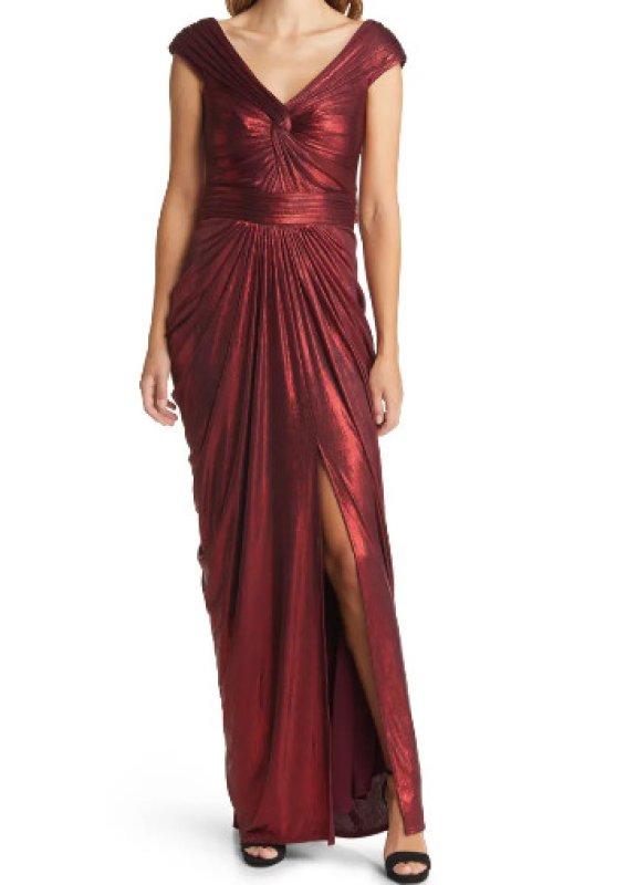 画像1: Tadashi Shoji タダシショージ  ELLERY DRAPED METALLIC JERSEY GOWN　レッド系  12055 (1)