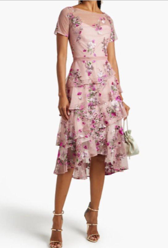 画像1:  セール！Marchesa Notte マルケッサノッテ　花柄刺繍ティアードスカートドレス　ピンク  4203 (1)