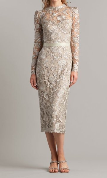 画像1: セール！Tadashi Shoji タダシショージ  RACHELLE EMBROIDERED TULLE MIDI DRESS  ベージュ系 (1)