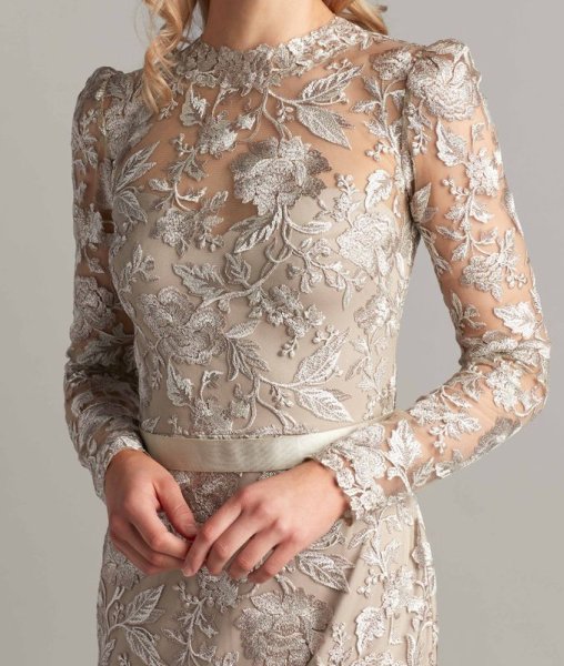 画像2: セール!Tadashi Shoji タダシショージ  RACHELLE EMBROIDERED TULLE MIDI DRESS  ベージュ系 (2)