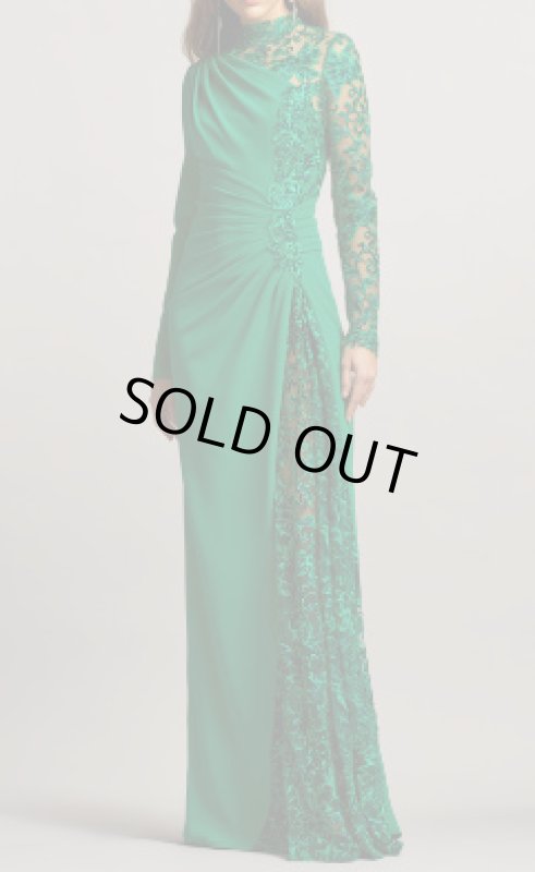 画像1: セール！Tadashi Shoji タダシショージ   PETRA DRAPED ILLUSION GOWN　グリーン系 (1)