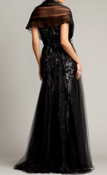 画像2: 限定セール!Tadashi Shoji  タダシショージ LAVERNE TULLE OVERLAY EMBROIDERED GOWN  ネイビー、ブラック系 (2)