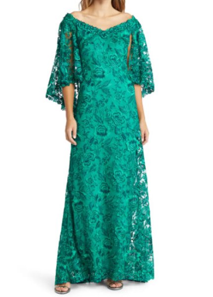 画像1: 限定セール！Tadashi Shoji タダシショージ  ARVID EMBROIDERED CAPELET SLEEVE GOWN  グリーン系 (1)