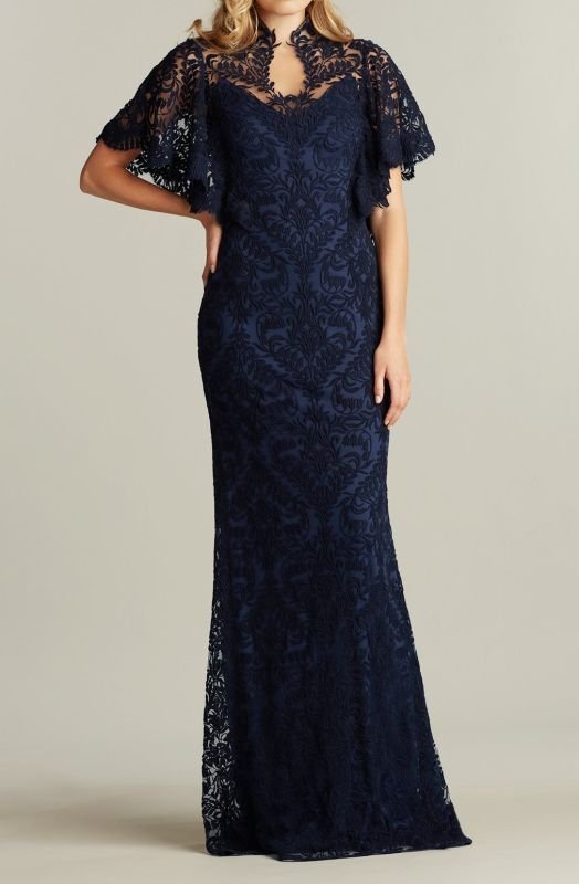 画像1: 限定セール！Tadashi Shoji タダシショージ  FEELEY BUTTERFLY SLEEVE GOWN ネイビー系 (1)