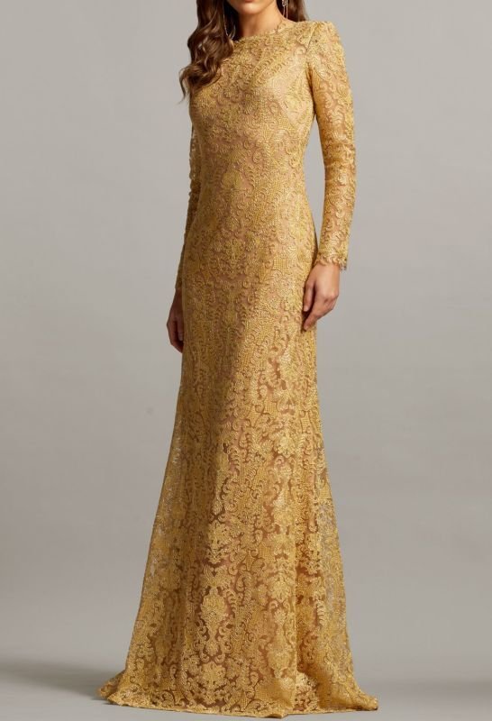 画像1: 再販売セール【菜々緒さん、ドラマ着用】！Tadashi Shoji  タダシショージ  LUCIANA EMBROIDERED TULLE GOWN　ゴールド系  10171 (1)