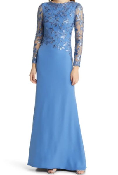 画像1:  Tadashi Shoji  タダシショージ　BRADWELL EMBROIDERED CREPE GOWN ブルー系 (1)