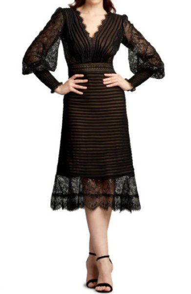 画像1: 【田中美里さん着用】Tadashi Shoji タダシショージ  Pleated Sequin Lace Long Sleeve Chiffon Dress　ブラック  41707 (1)