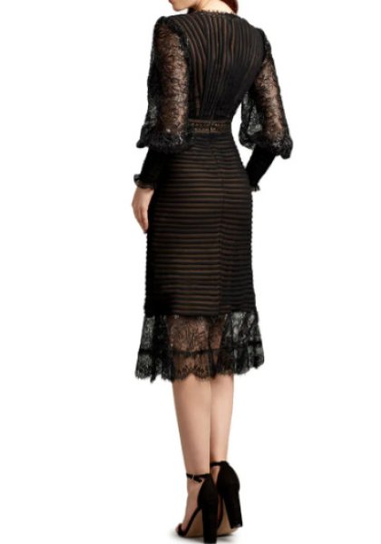 画像2: セール!【田中美里さん着用】Tadashi Shoji タダシショージ  Pleated Sequin Lace Long Sleeve Chiffon Dress ブラック  41707 (2)